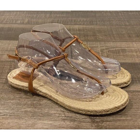 Tory Burch Brown Leather Emmy Flat Espadrilles Thong Sandals Size 8B Womens - Picture 1 of 16